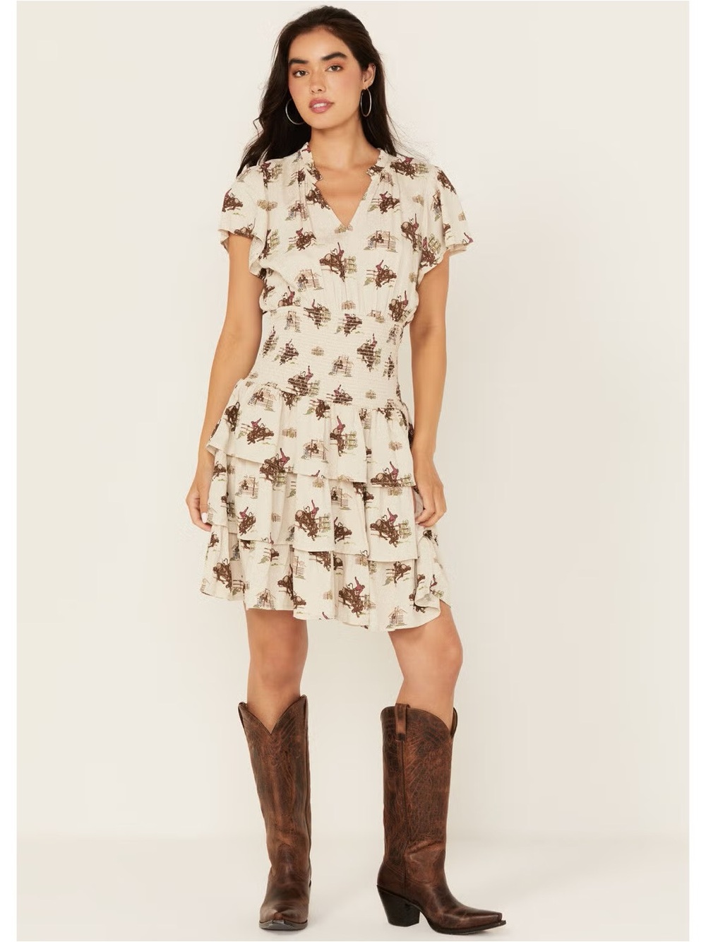 Cream Floral Ruffle Tiered Short Dress
